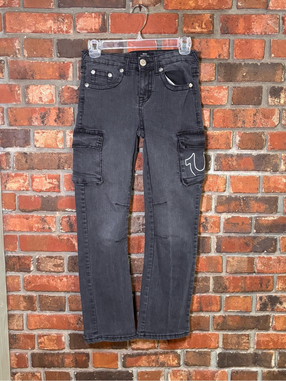 True Religion boys Ricky cargo relaxed straight denim jeans washed black 12